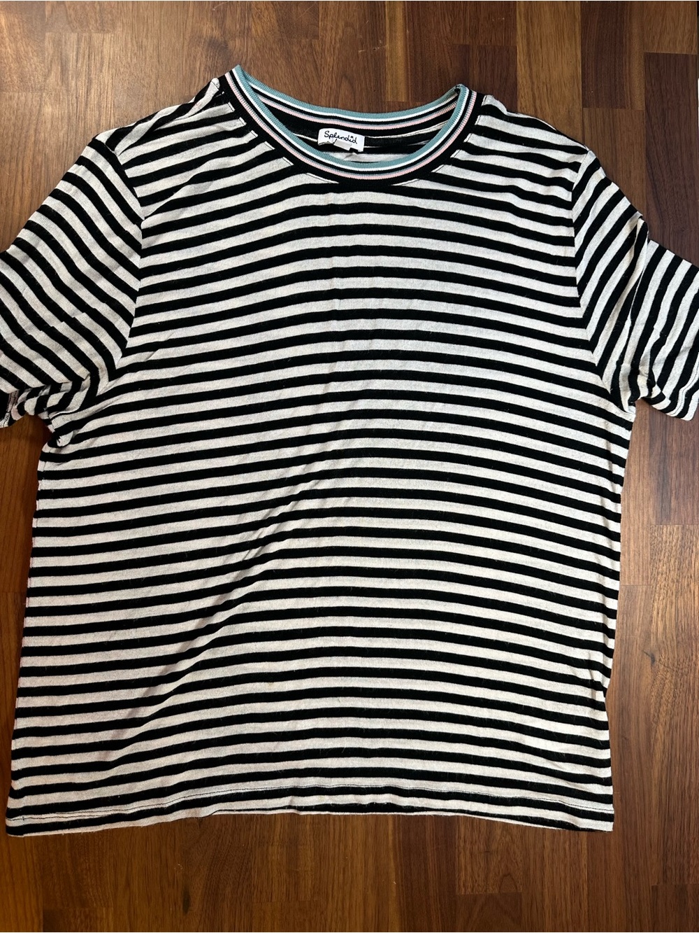 Splendid Striped Knit Top Womens Small Black Ivory Short Sleeve Crew Neck